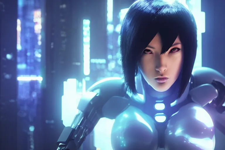 Image similar to cyberpunk ghost in the shell concept inspired motoko kusanagi, futuristic look, highly detailed body, very powerful, photorealistic camera shot, bright studio setting, studio lighting, crisp quality and light reflections, unreal engine 5 quality render