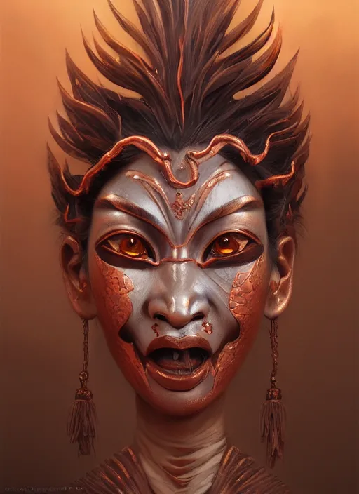 Prompt: a beautiful detailed oil on copper art illustration of a japanese saru mask devil woman, centered, by charlie bowater, zeng fanzh, trending on artstation, dim dusk lighting, cinematic lighting, detailed lighting, volumetric lighting, realistic, f 8, 4 k hd wallpaper