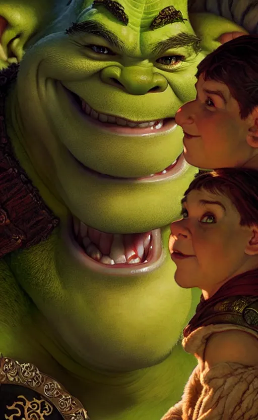 Image similar to shrek dragon gorgeous lighting by weta studio, mucha, bautista and norman rockwell and greg rutkowski and tom bagshaw and james gurney and lucasfilm