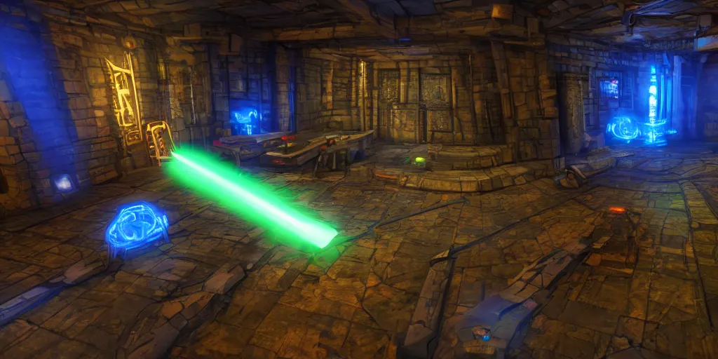 Image similar to screenshot of deathtrap dungeon, videogame, neon glow, lens flare, 8 k, unreal engine