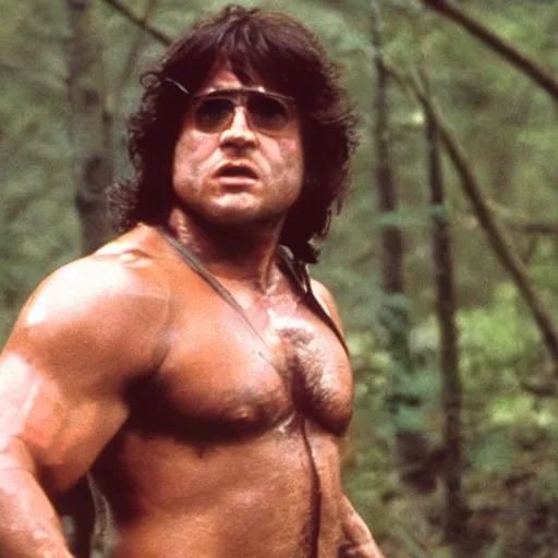 Prompt: A still of Danny Devito as Rambo in Rambo First Blood (1982)