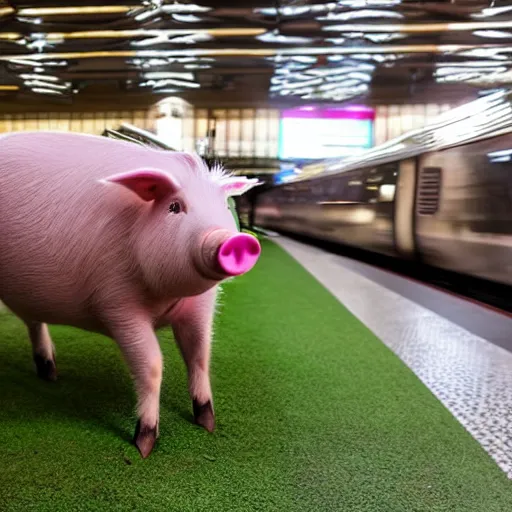 Prompt: a grassy pig eating berries in Central Station concourse in Sydney