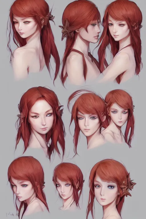 Image similar to beautiful concept art, character design sheet, beautiful anime style gingerhead young girl mermaid with a gorgeous faces, high fashion, fantasy, intricate, elegant, highly detailed, digital painting, artstation, concept art, smooth, sharp focus, illustration, beautiful light and shadows, art by artgerm and greg rutkowski and lin hsiang and krenz cushart and wlop