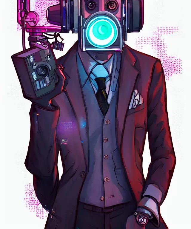 Image similar to a portrait of an anthropomorphic surveillance camera wearing a suit, cyberpunk!, fantasy, elegant, digital painting, artstation, concept art, matte, sharp focus, illustration, art by josan gonzalez