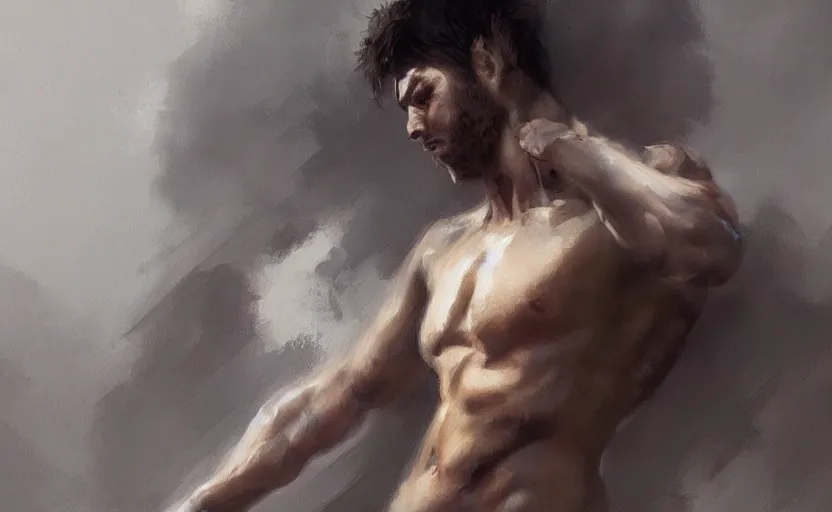 Image similar to a painting of arkul trending on artstation in the style of greg rutkowski, beautiful, male, sensual, natural skin, muscular