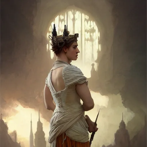 Image similar to retro king ready for war digital painting, artstation, concept art, soft light, hdri, smooth, sharp focus, illustration, fantasy, intricate, elegant, highly detailed, D&D, matte painting, in the style of Greg Rutkowski and Alphonse Mucha and artemisia, 8k, highly detailed, jurgens, rutkowski, bouguereau, pastoral, rustic, georgic