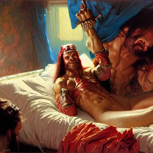 Prompt: macho man randy savage ring gear is in his bed, nervous and terrified, because miss elizaneth from hell is attacking him. highly detailed painting by gaston bussiere, j. c. leyendecker, greg rutkowski, craig mullins 8 k