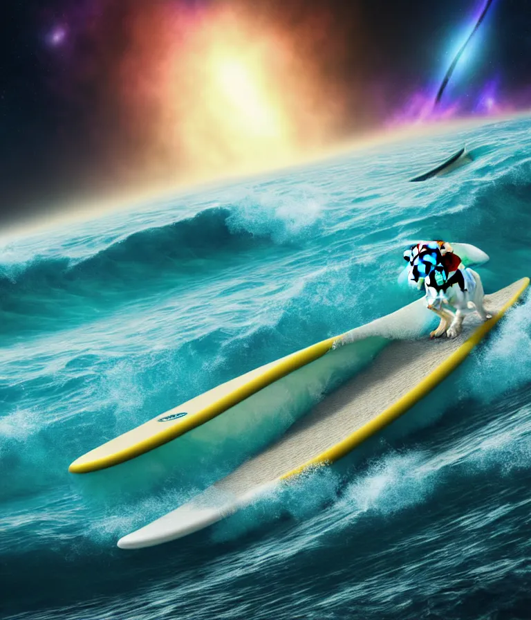 Image similar to beagle dog surfing a surfboard on a crashing l wave of alien ocean in space, background is an alien galaxy, aliens in the background, alien colors, octane render, unreal engine, wide view, 8 k, high detaild