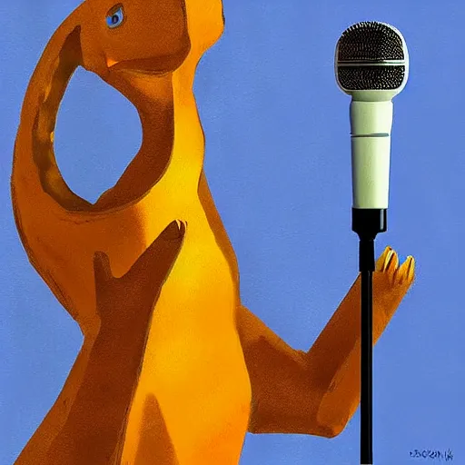 Image similar to “dinosaur singing karaoke detailed trex happy podcast national geographic figure dramatic lighting proportional symmetrical minimalism Edward Cooper Matisse digital art oil painting”