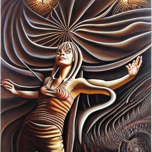 Prompt: a woman dancing with fire by h.r. giger, alex gray and jeffrey smith and h.r. giger, oil on canvas, 8k highly professionally detailed, trending on artstation