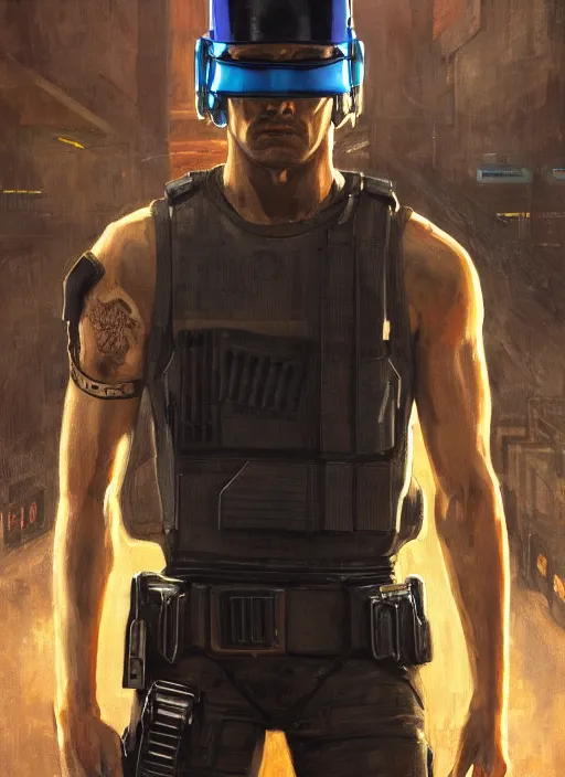 Prompt: 🤼 armbar. cyberpunk police trooper in a military vest ( blade runner 2 0 4 9, cyberpunk 2 0 7 7 ). orientalist portrait by john william waterhouse and james gurney and theodore ralli and nasreddine dinet, oil on canvas. cinematic, hyper realism, realistic proportions, dramatic lighting, high detail 4 k