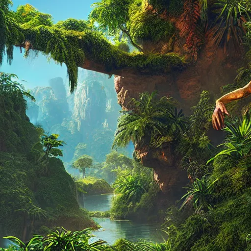 Image similar to monkey in jungle, beautiful dynamic lighting, cinematic, wide angle establishing shot, extremely high detail, photo realistic, cinematic lighting, post processed, concept art, artstation, matte painting, style by frederic church, raphael lacoste, unreal engine 8k