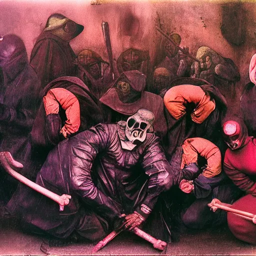 Image similar to 1 9 9 3 disposable camera color flash photo of a gang of plague doctors in the style of jan saudek, annie liebovitz, pieter bruegel the elder, joel peter witkin, gustave dore, heironymus bosch