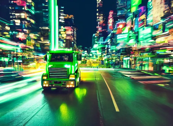 Prompt: a film still of a tonka truck driving in forward direction through a neon green city at night, cinematic