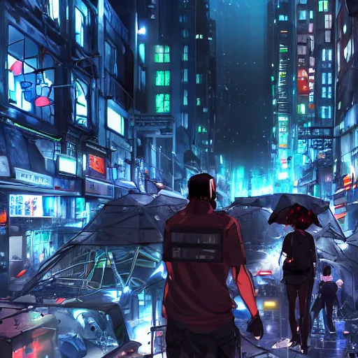 Image similar to android mechanical cyborg in overcrowded urban dystopia raining makoto shinkai wide angle shot