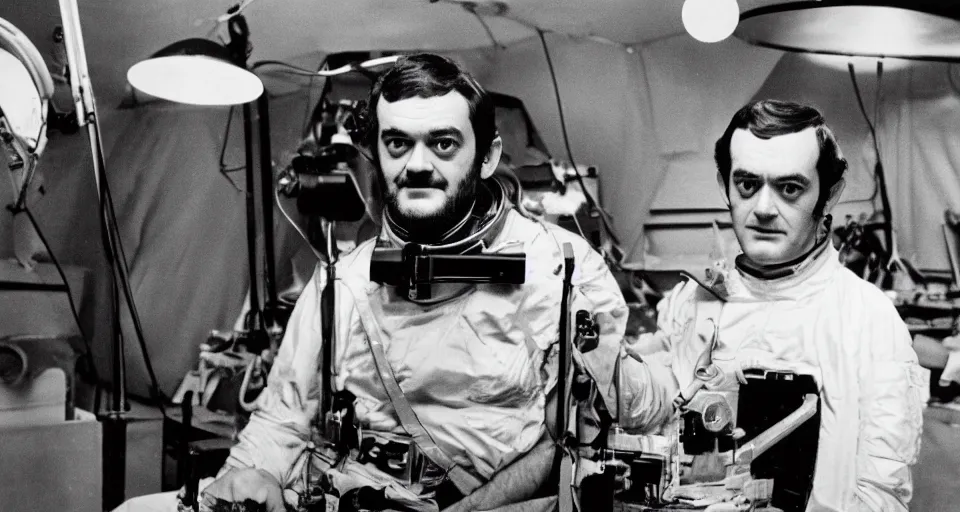 Image similar to a 1960s portrait photo of Stanley Kubrick on a movie set of the moon, 8K HD, old photo, highly detailed