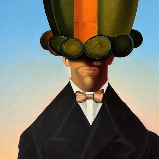 Prompt: a surreal painting of a man with a chimney on his head