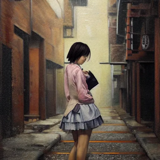 Image similar to a perfect, realistic professional oil painting in impressionism style, of a Japanese schoolgirl posing in a dystopian alleyway, close-up, by a professional American senior artist on ArtStation, a high-quality hollywood-style concept