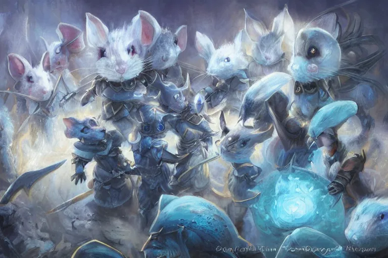 Image similar to dungeons and dragons fantasy painting, close order phalanx of mice spartans, 3 0 0, whimsical and cute, determined expressions, watery blue eyes, anime inspired, white fur, tufty whiskers, steel blades, dawn lighting, at thermopolae by anato finnstark