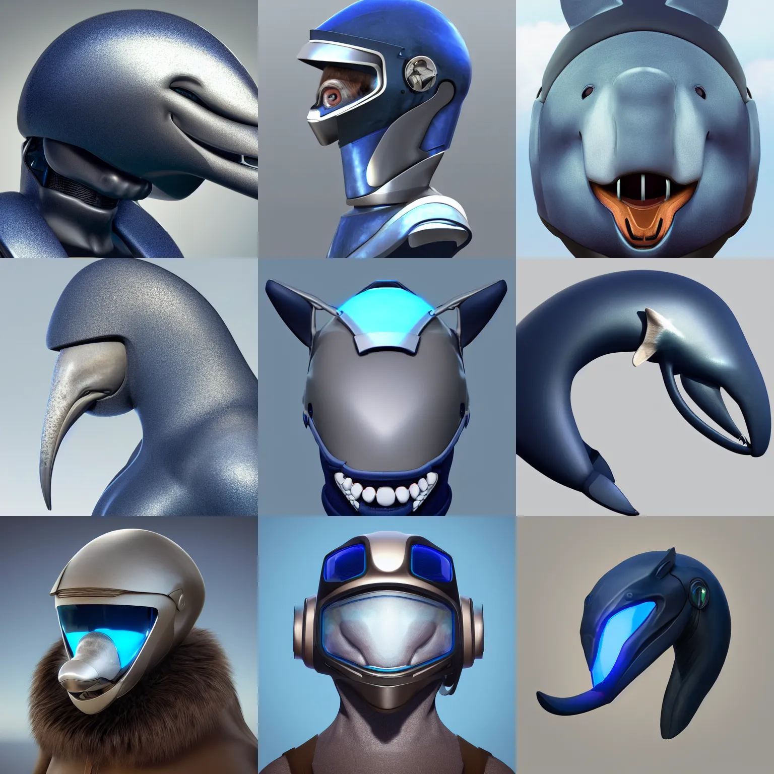 Prompt: very very beautiful furry art, bust profile picture of a male robotic anthro bottlenose dolphin, face covered by opaque visor, truncated snout under visor, smooth rounded shapes, all dark blue metal, commission on furaffinity, cgsociety, octane render