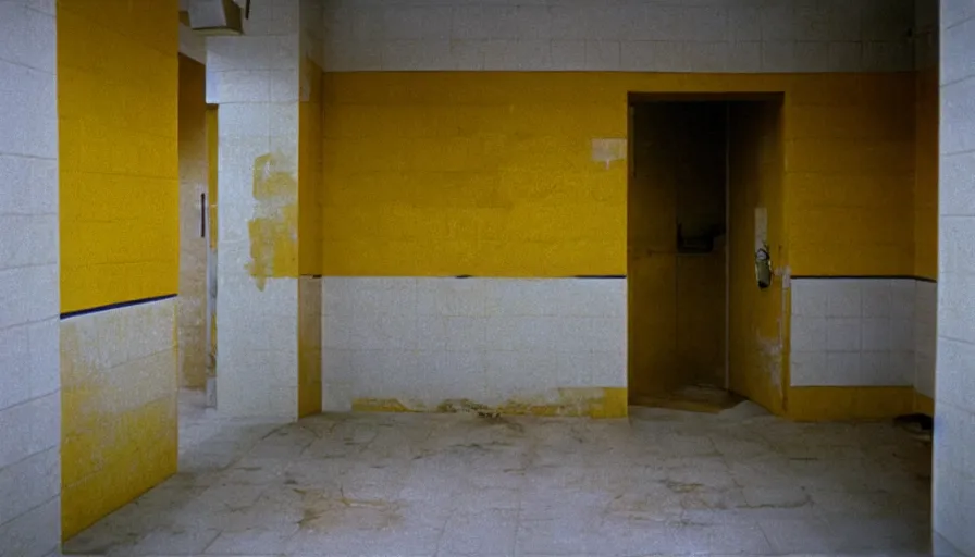 Prompt: 60s movie still of a sovietic stalinist style empty clean prison shower with yellow tiles, cinestill 800t 50mm eastmancolor, liminal Space style, heavy grain