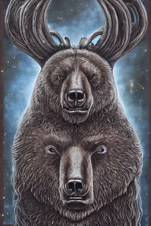 Image similar to sideview waist up portrait of bear baphomet made with porcelain by jeff easley and peter elson, beautiful eyes and face, symmetry face, galaxy, gothic, surreal, dread, highly detailed, intricate complexity, epic composition, magical atmosphere, masterpiece, award winning, trending on artstation