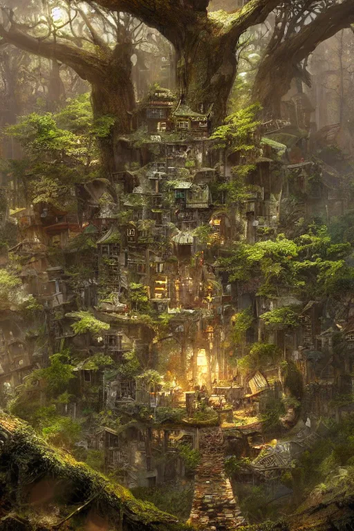 Image similar to a miniature city built into the trunk of a single colossal tree in the forest, with tiny people, in the style of craig mullins, lit windows, close - up, low angle, wide angle, awe - inspiring, highly detailed digital art