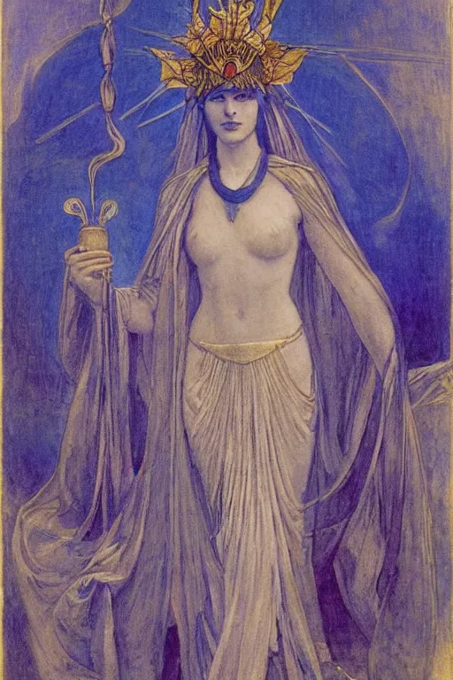 Prompt: queen of the new dawn with her lantern, by Annie Swynnerton and Nicholas Roerich and jean delville, dramatic cinematic lighting , ornate headdress , flowing robes, lost civilizations, extremely detailed