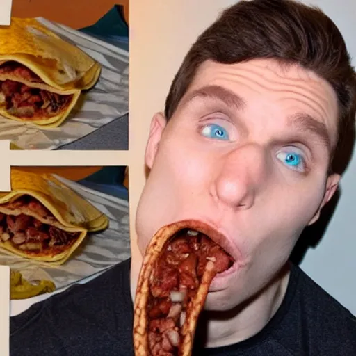 Image similar to Jerma eating a taco bell burrito like a snake, his jaw is unhinged and he has swallowed half of the burrito whole