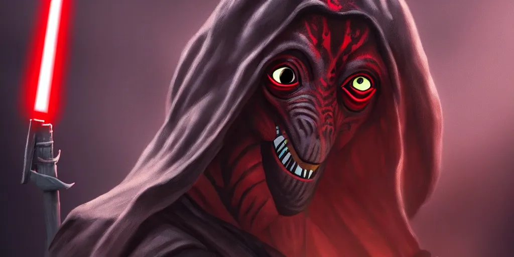 Image similar to jar jar binks as a sith lord, in the style of artstation, 4 k