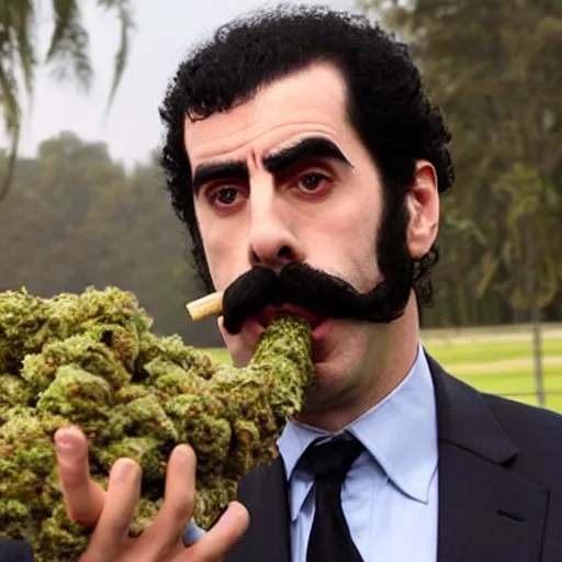 Image similar to Sacha Baron Cohen as borat smoking a giant rolled cannabis cigarette, smoke, 8k, hyper-detailed, cinematic