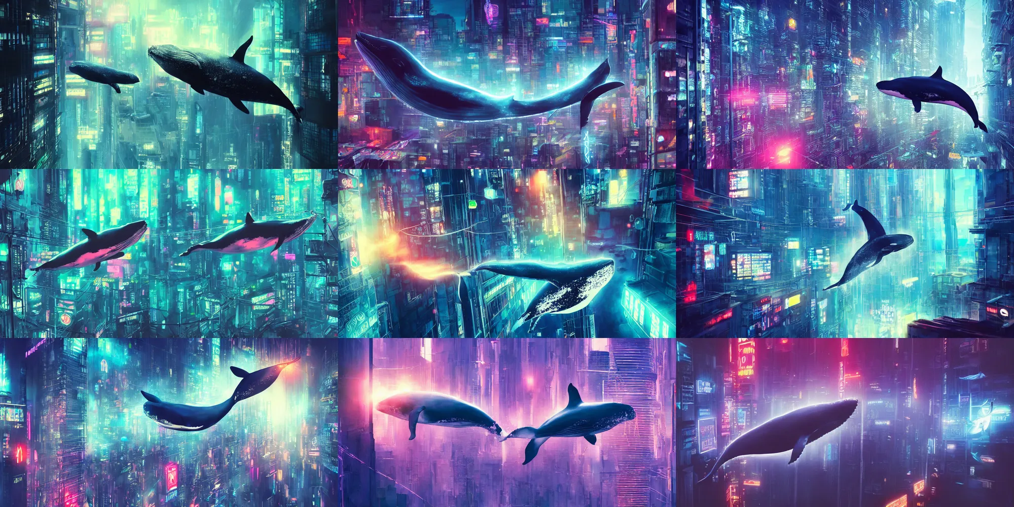 Prompt: a beautiful painting of a whale suspended in mid air near a skycraper, cyberpunk city, neon lights, cinematic shot, volumetric light, detailed, epic, sharp