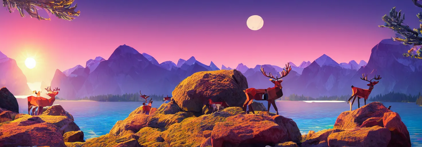 Image similar to super detailed color lowpoly art, northern sunset with rocks on front, lake in the middle of perspective and mountains at background, graphic reindeers in random points, unreal engine, retrowave color palette, 3d render, lowpoly, colorful, digital art