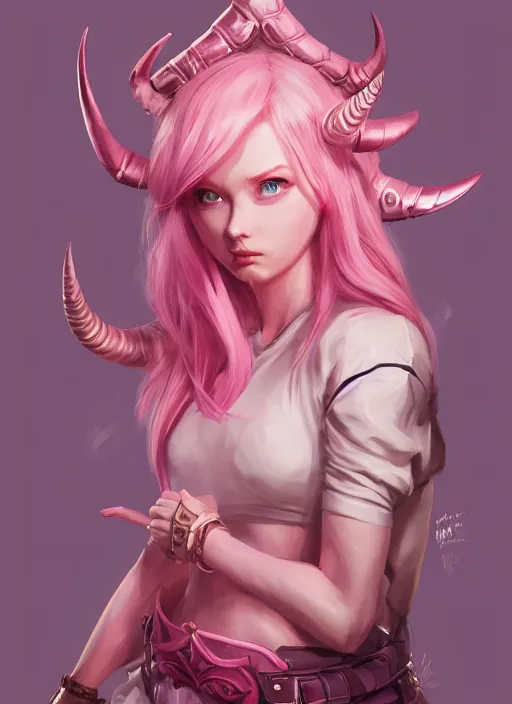 Image similar to a highly detailed illustration of cute smug pink haired pale girl with curved horns wearing oversized pink hoodie, dramatic smirk pose, intricate, elegant, highly detailed, centered, digital painting, artstation, concept art, smooth, sharp focus, league of legends concept art, wlop.