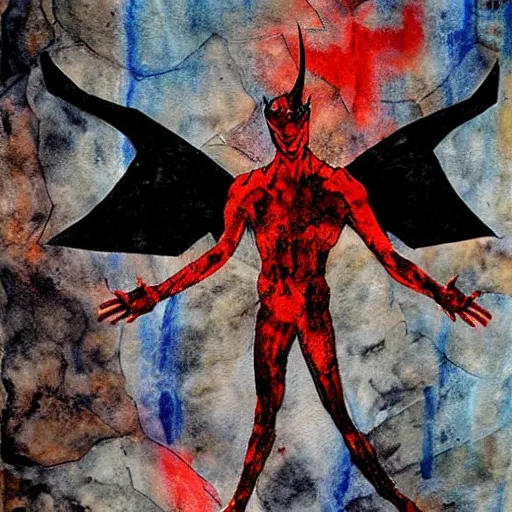 Image similar to comic strip loose, subtle by paul lovering. mixed media art. a large, muscular demon - like creature with wings, standing in a dark, hellish landscape. the creature has red eyes & sharp teeth, & is holding a large sword in one hand.