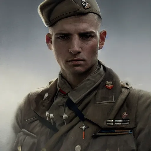 Image similar to a dramatic epic ethereal portrait of a WWII soldier, full body with dynamic pose, male, detailed face, cinematic lighting, highly detailed oil on canvas painting by Greg Rutkowski, winning-award digital art trending on Artstation H 1024 W 832