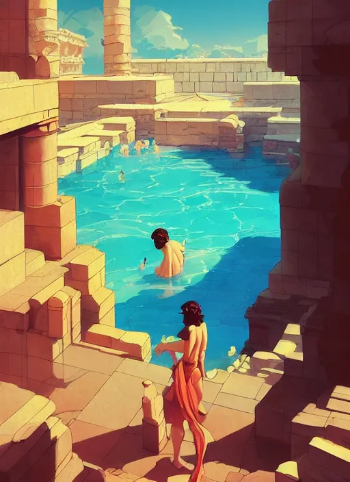 Prompt: a pools in front of a roman temple, glorious, epic scene, beautiful, in the style of artgerm, gerald brom, atey ghailan and mike mignola, vibrant colors and hard shadows and strong rim light, plain background, comic cover art, trending on artstation