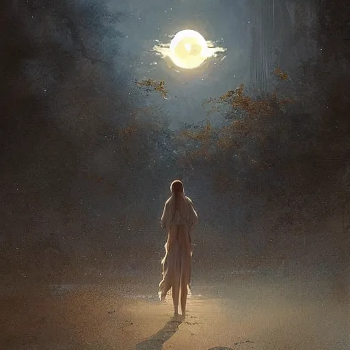 Image similar to serenity would you stare forever at the sun and never watch the moon rising? would you walk forever in the light to never learn the secret of the quiet night? painted by greg rutkowski, wlop,