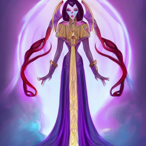 Image similar to mythical goddess from the 4th dimension wearing a comically long dress and robe, purple colors, character concept art, trending on artstation