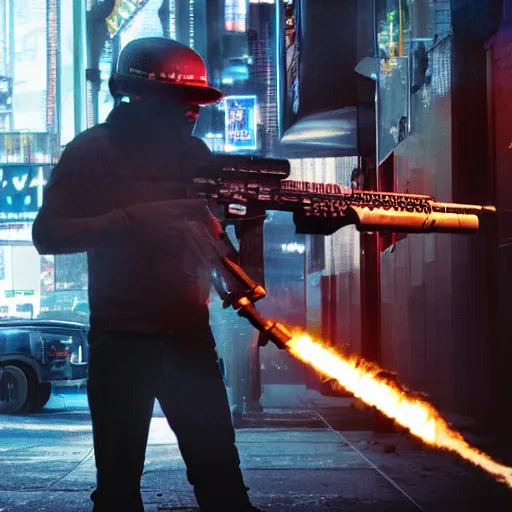 Image similar to a mafia gangster firing ar - 1 5, muzzle flash visible at the end of the barrel, highly detailed, photograph, firepower united, in new york street, cyberpunk