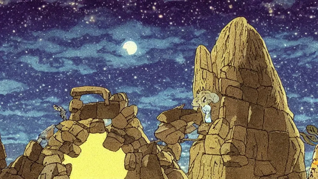 Prompt: a cell shaded cartoon movie still from princess mononoke ( 1 9 9 7 ) showing a golden ufo over stonehenge. in the background is machu pichu on a misty and starry night. very dull muted colors, hd, 4 k, hq