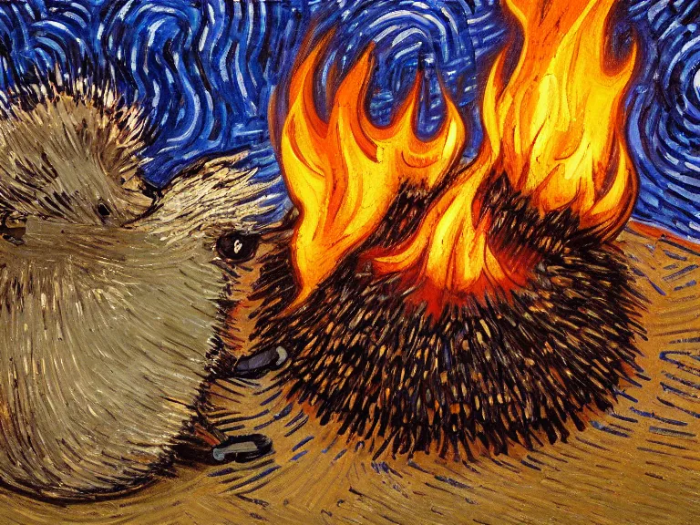 Prompt: a detailed painting of a hedgehog toasting marshmallows on a campfire by van gogh. Oil painting. Trending on artstation. 8k