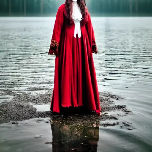 Image similar to beautiful lady with white long hair and dressed with a red victorian cloak, standing in a lake, mist, morning light, dreamy atmosphere, cinematic