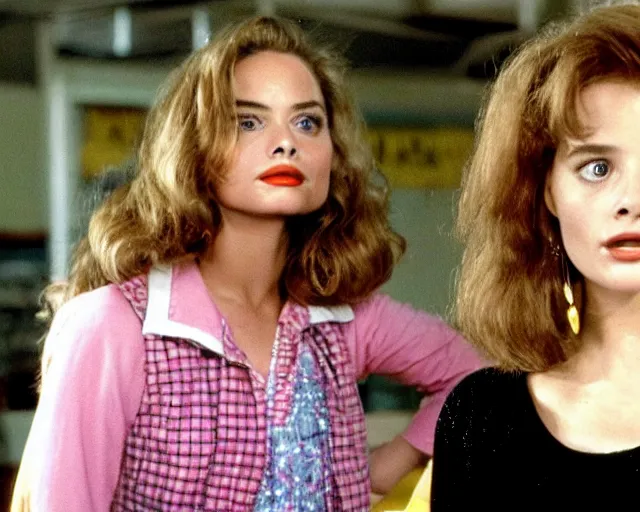 Prompt: margot robbie as lea thompson as lorraine baines in back to the future, 1985, cdx