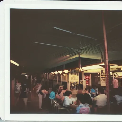 Image similar to polaroid photo of a hawker centre, cinematic lighting