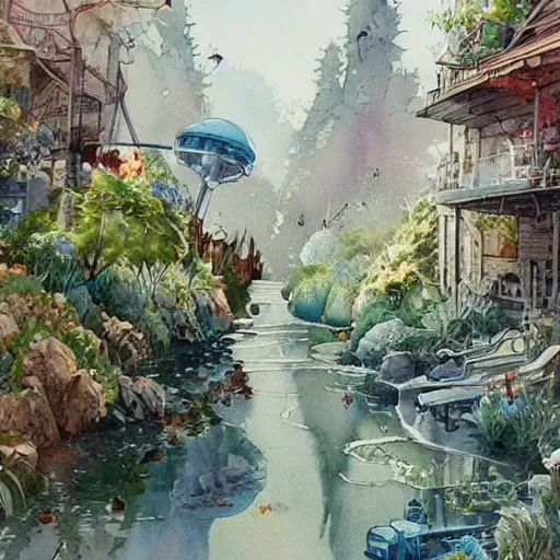 Prompt: Beautiful happy picturesque charming sci-fi town in harmony with nature. Beautiful light. Water and plants. Nice colour scheme, soft warm colour. Beautiful detailed artistic watercolor by Vincent Bons. (2022)