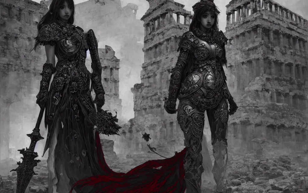 Image similar to portrait knights of zodiac girl, matt black and little red armor, in ruined agora of athens, ssci - fi and fantasy, intricate and very very beautiful and elegant, highly detailed, digital painting, artstation, concept art, frostbite engine, smooth and sharp focus, illustration, art by tian zi and wlop and alphonse mucha