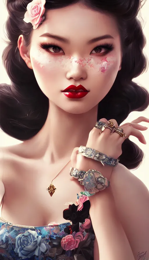 Image similar to a pin up and beautiful fashion and charming and dreamlke asian girl with lv jewelry, medium shot, art by artgerm & ross tran & wlop, hyperdetailed, 8 k realistic, symmetrical, frostbite 3 engine, cryengine, dof, trending on artstation, digital art