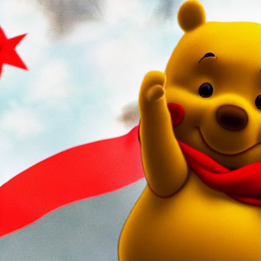 Image similar to photorealistic 3 d render of winnie the pooh saluting the chinese flag