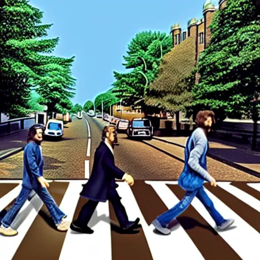 Prompt: 4 men walking on crosswalk on abbey road, city, digital art, 8 k.